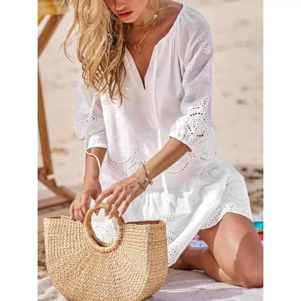 imageCUPSHE Women White Dress Eyelet V Neck Drawstring 34 Sleeve Ruffled A Line Mini Summer DressesWhite