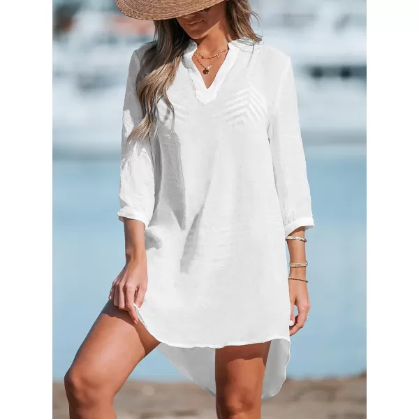 imageCUPSHE Women White VNeck CoverUp Dress Casual Summer Long Sleeves Solid Cover UpWhite