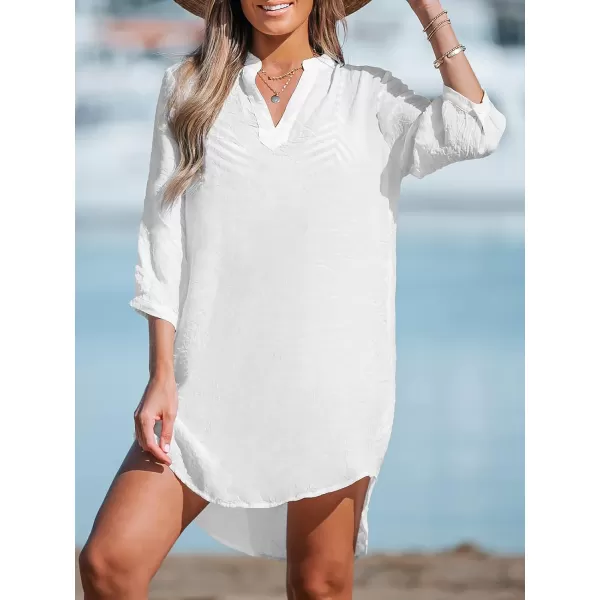 imageCUPSHE Women White VNeck CoverUp Dress Casual Summer Long Sleeves Solid Cover UpWhite