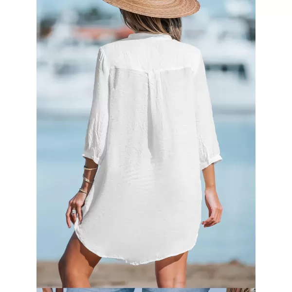 imageCUPSHE Women White VNeck CoverUp Dress Casual Summer Long Sleeves Solid Cover UpWhite