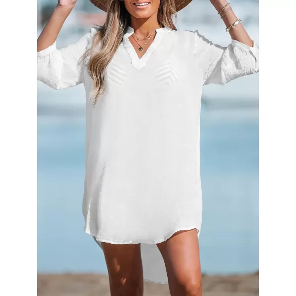 imageCUPSHE Women White VNeck CoverUp Dress Casual Summer Long Sleeves Solid Cover UpWhite