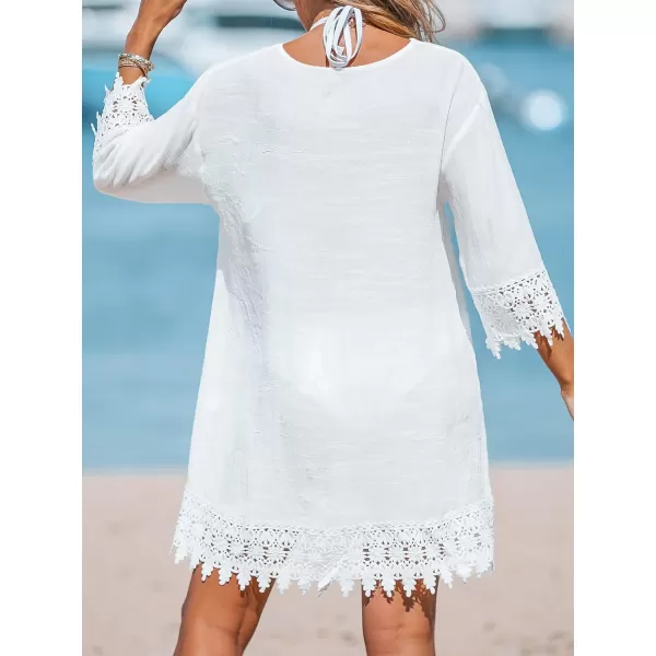 imageCUPSHE Women White VNeck Lace Mini CoverUp Dress Casual Summer Buttonfront Solid Cover UpWhite
