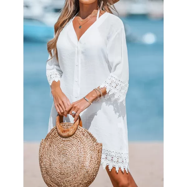 imageCUPSHE Women White VNeck Lace Mini CoverUp Dress Casual Summer Buttonfront Solid Cover UpWhite