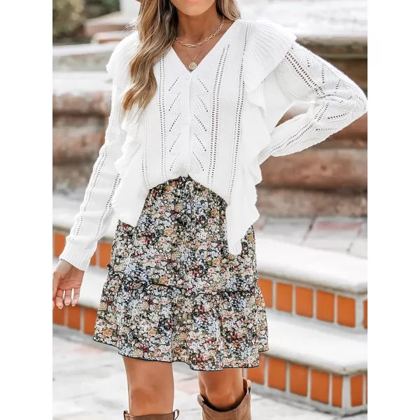 imageCUPSHE Women White VNeck Sweater Long Sleeve Pullover Ruffled SweaterWhite
