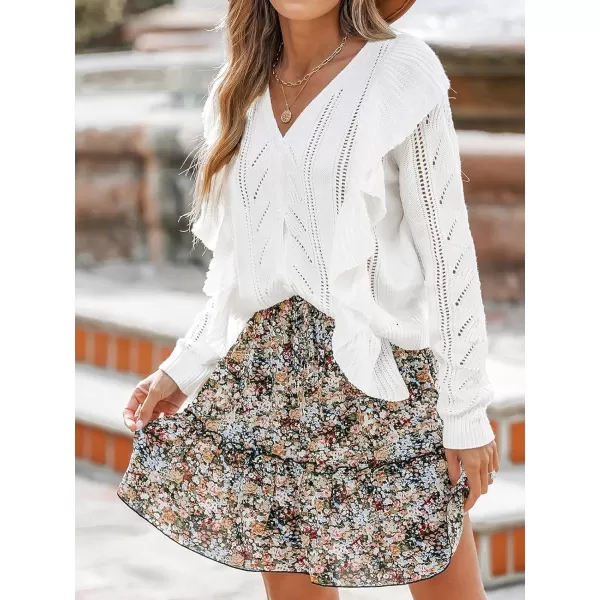 imageCUPSHE Women White VNeck Sweater Long Sleeve Pullover Ruffled SweaterWhite