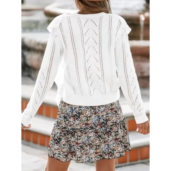 imageCUPSHE Women White VNeck Sweater Long Sleeve Pullover Ruffled SweaterWhite