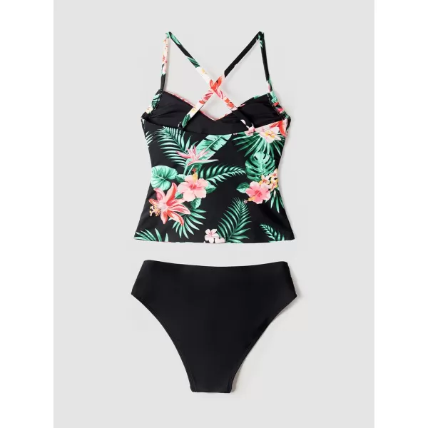 imageCUPSHE Women Wrapped Tankini Swimsuit Crisscross Back Ruched Tropical Bathing Suit with Adjustable Spaghetti StrapsMulticolor