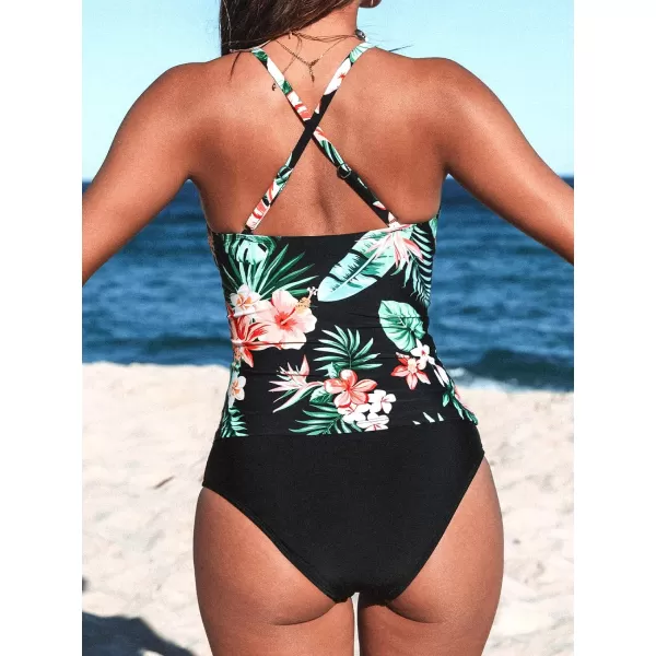 imageCUPSHE Women Wrapped Tankini Swimsuit Crisscross Back Ruched Tropical Bathing Suit with Adjustable Spaghetti StrapsMulticolor