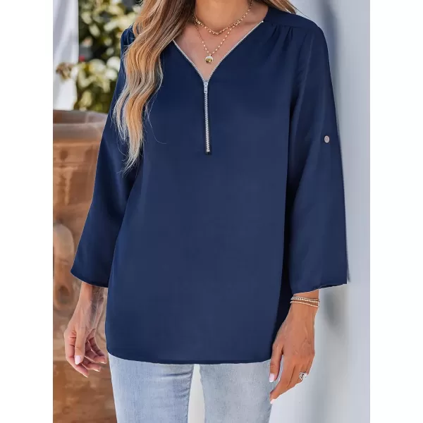imageCUPSHE Women ZipUp Top Long Sleeve Rolltab Sleeves Tops V Neck BlousesBlue