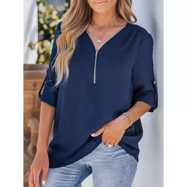 imageCUPSHE Women ZipUp Top Long Sleeve Rolltab Sleeves Tops V Neck BlousesBlue
