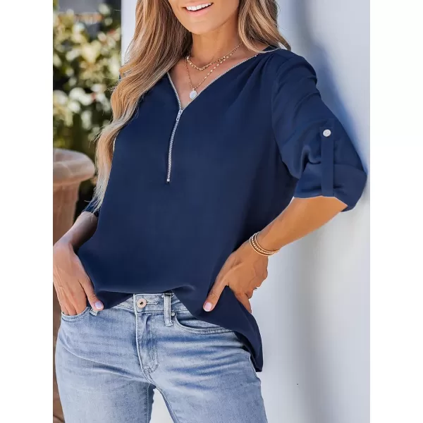 imageCUPSHE Women ZipUp Top Long Sleeve Rolltab Sleeves Tops V Neck BlousesBlue