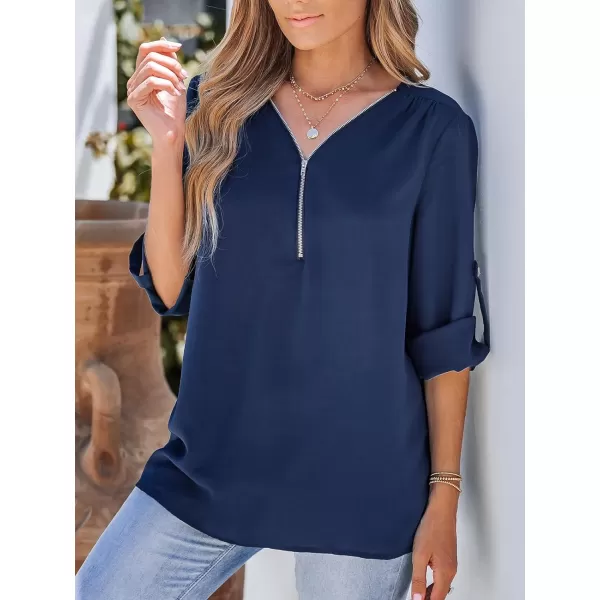 imageCUPSHE Women ZipUp Top Long Sleeve Rolltab Sleeves Tops V Neck BlousesBlue