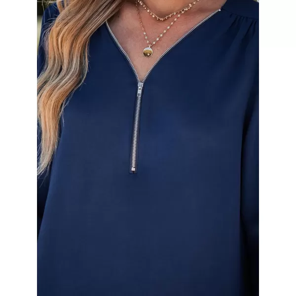 imageCUPSHE Women ZipUp Top Long Sleeve Rolltab Sleeves Tops V Neck BlousesBlue