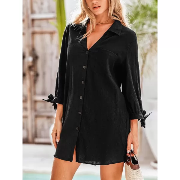 imageCUPSHE Womens 100 Cotton Cover Up Shirt V Neck Swimsuit Button Down Casual Tunic Beach CoverupsBlack