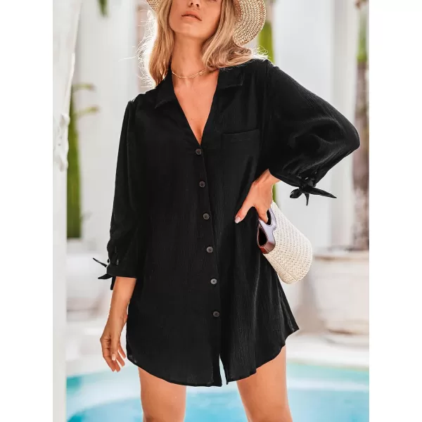 imageCUPSHE Womens 100 Cotton Cover Up Shirt V Neck Swimsuit Button Down Casual Tunic Beach CoverupsBlack