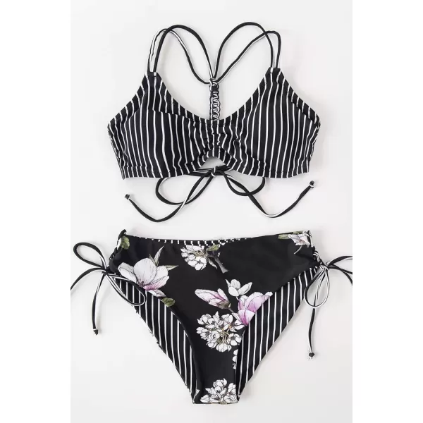 imageCUPSHE Womens 2 Piece Bikini Set Back Braided Straps with Reversible BottomBlackWhite