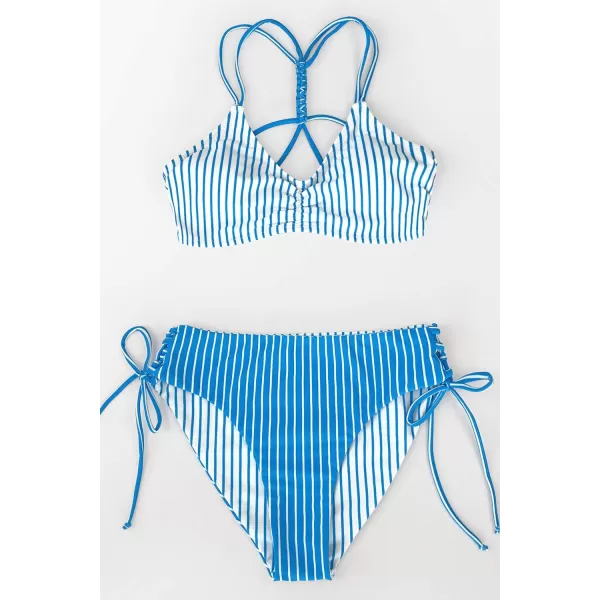 imageCUPSHE Womens 2 Piece Bikini Set Back Braided Straps with Reversible BottomBlue Vertical Stripes