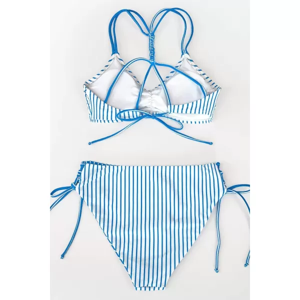 imageCUPSHE Womens 2 Piece Bikini Set Back Braided Straps with Reversible BottomBlue Vertical Stripes