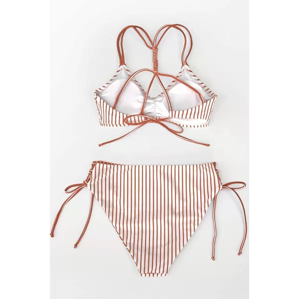 imageCUPSHE Womens 2 Piece Bikini Set Back Braided Straps with Reversible BottomBrown Stripe