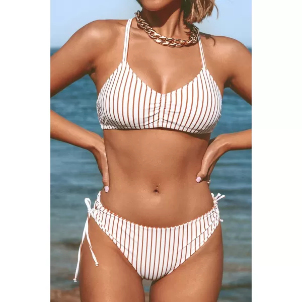 imageCUPSHE Womens 2 Piece Bikini Set Back Braided Straps with Reversible BottomBrown Stripe