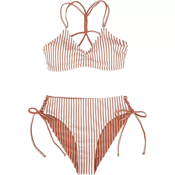 imageCUPSHE Womens 2 Piece Bikini Set Back Braided Straps with Reversible BottomBrown Stripe