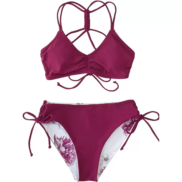imageCUPSHE Womens 2 Piece Bikini Set Back Braided Straps with Reversible BottomBurgendy Floral