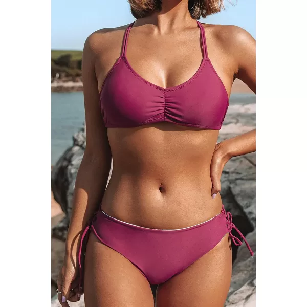 imageCUPSHE Womens 2 Piece Bikini Set Back Braided Straps with Reversible BottomBurgendy Floral