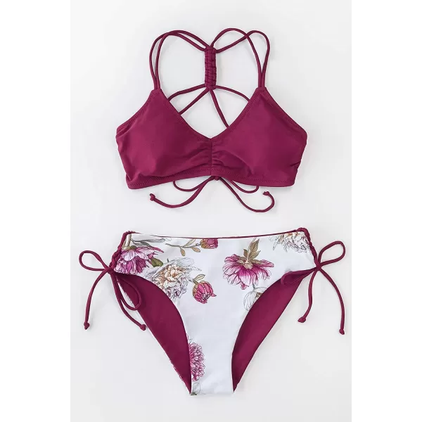 imageCUPSHE Womens 2 Piece Bikini Set Back Braided Straps with Reversible BottomBurgendy Floral