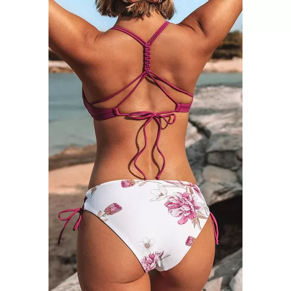 imageCUPSHE Womens 2 Piece Bikini Set Back Braided Straps with Reversible BottomBurgendy Floral
