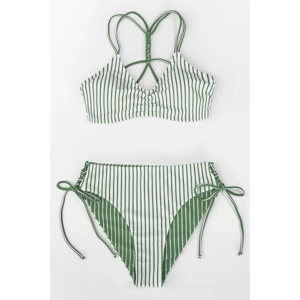 imageCUPSHE Womens 2 Piece Bikini Set Back Braided Straps with Reversible BottomGreen Vertical Stripes