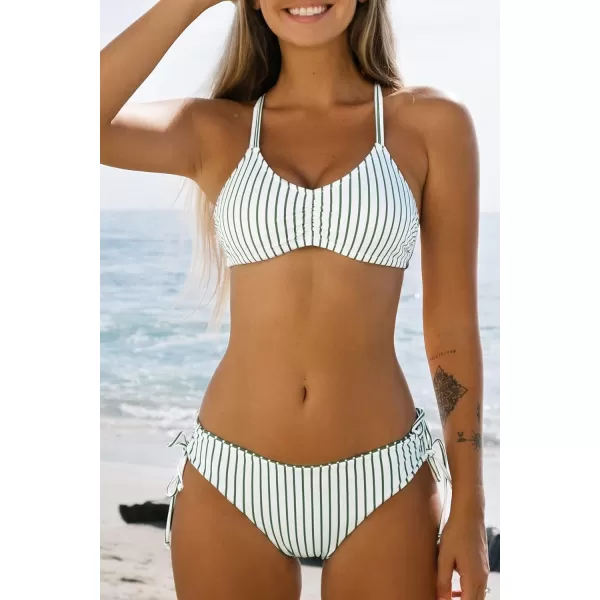 imageCUPSHE Womens 2 Piece Bikini Set Back Braided Straps with Reversible BottomGreen Vertical Stripes