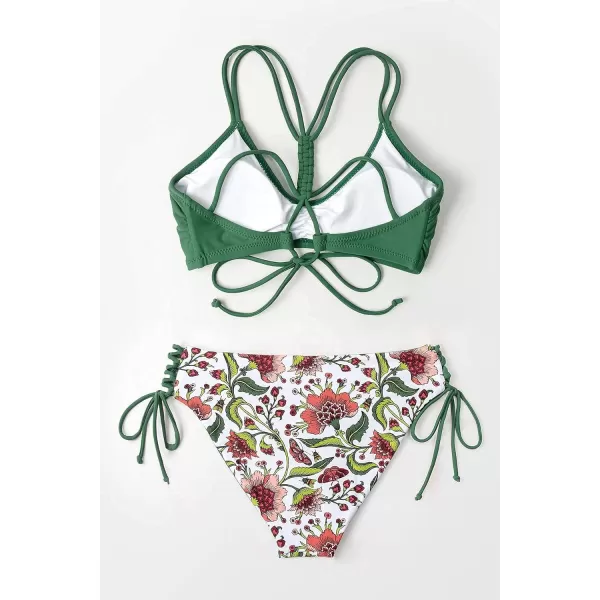 imageCUPSHE Womens 2 Piece Bikini Set Back Braided Straps with Reversible BottomGreenFloral
