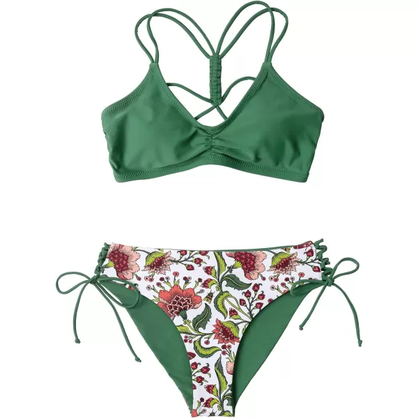 imageCUPSHE Womens 2 Piece Bikini Set Back Braided Straps with Reversible BottomGreenFloral