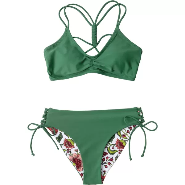 imageCUPSHE Womens 2 Piece Bikini Set Back Braided Straps with Reversible BottomGreenFloral