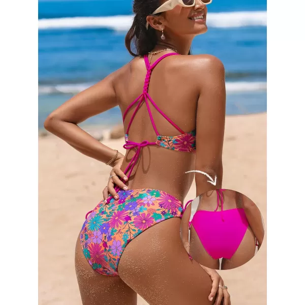 imageCUPSHE Womens 2 Piece Bikini Set Back Braided Straps with Reversible BottomMagenta Ditsy