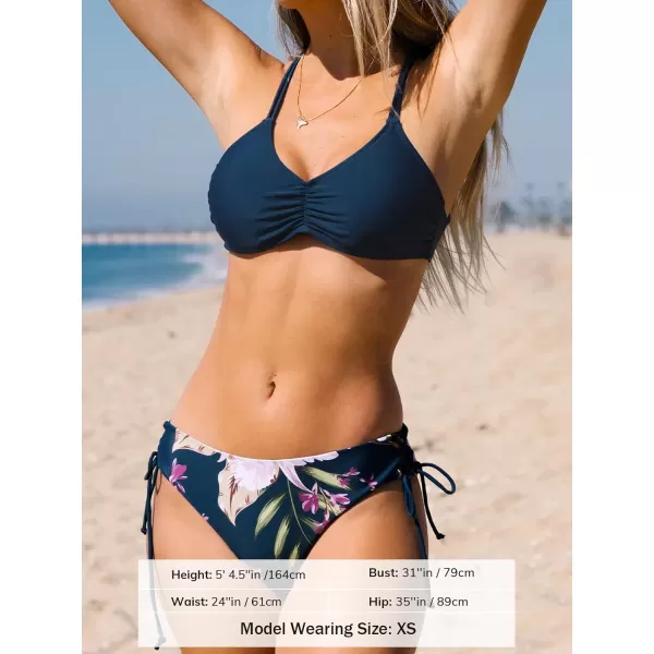 imageCUPSHE Womens 2 Piece Bikini Set Back Braided Straps with Reversible BottomNavy BlueFlower