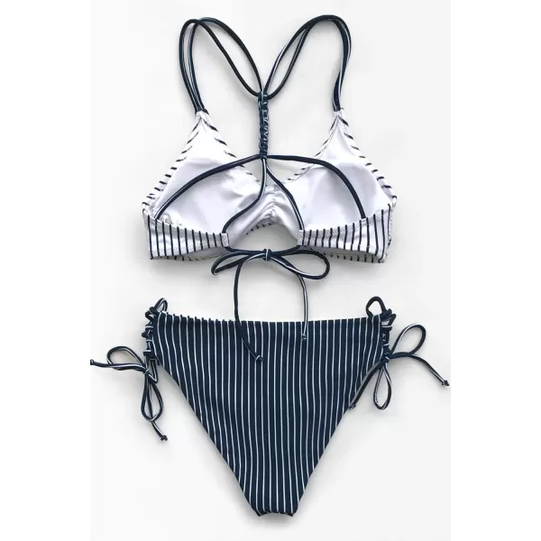 imageCUPSHE Womens 2 Piece Bikini Set Back Braided Straps with Reversible BottomNavy Vertical Stripes