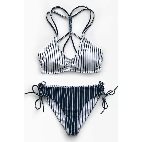 imageCUPSHE Womens 2 Piece Bikini Set Back Braided Straps with Reversible BottomNavy Vertical Stripes
