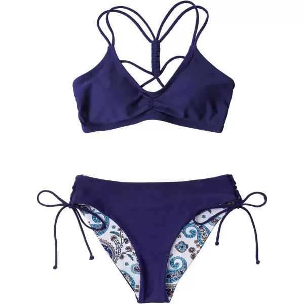 imageCUPSHE Womens 2 Piece Bikini Set Back Braided Straps with Reversible BottomNavyFloral