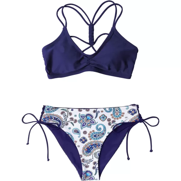 imageCUPSHE Womens 2 Piece Bikini Set Back Braided Straps with Reversible BottomNavyFloral