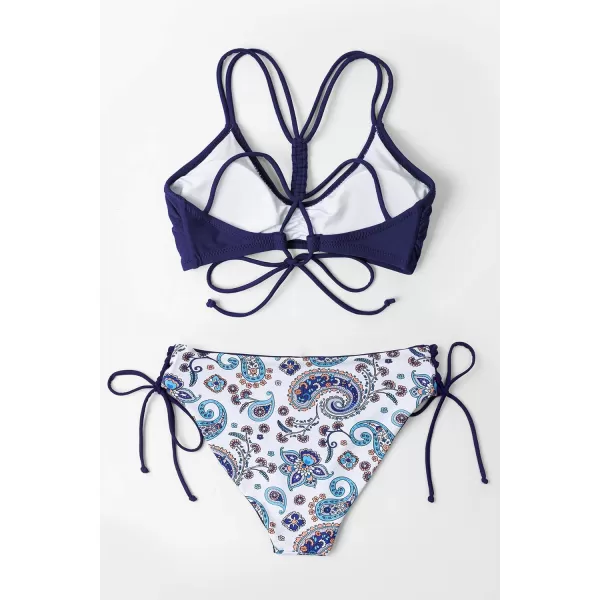 imageCUPSHE Womens 2 Piece Bikini Set Back Braided Straps with Reversible BottomNavyFloral
