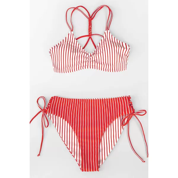 imageCUPSHE Womens 2 Piece Bikini Set Back Braided Straps with Reversible BottomRed Vertical Stripes