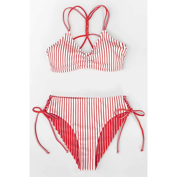 imageCUPSHE Womens 2 Piece Bikini Set Back Braided Straps with Reversible BottomRed Vertical Stripes