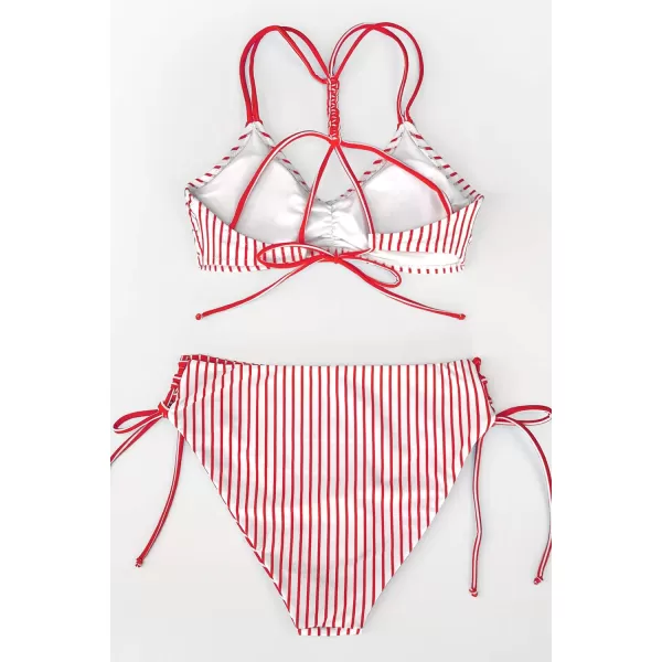 imageCUPSHE Womens 2 Piece Bikini Set Back Braided Straps with Reversible BottomRed Vertical Stripes