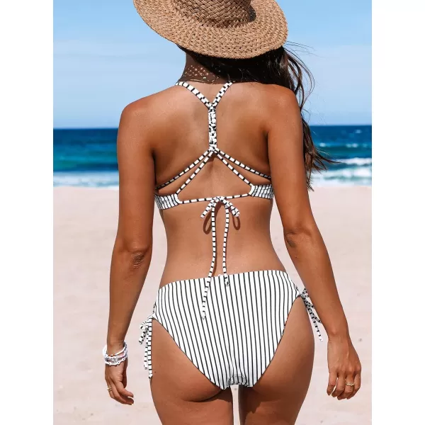 imageCUPSHE Womens 2 Piece Bikini Set Back Braided Straps with Reversible BottomVertical Stripes Tropical