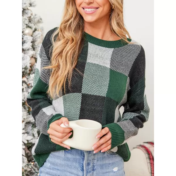 imageCUPSHE Womens 2023 Fall Long Sleeve Crew Neck Plaid Color Block Comfy Knitted Pullover SweaterGreen