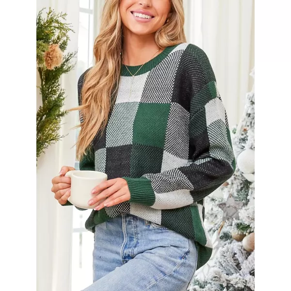 imageCUPSHE Womens 2023 Fall Long Sleeve Crew Neck Plaid Color Block Comfy Knitted Pullover SweaterGreen