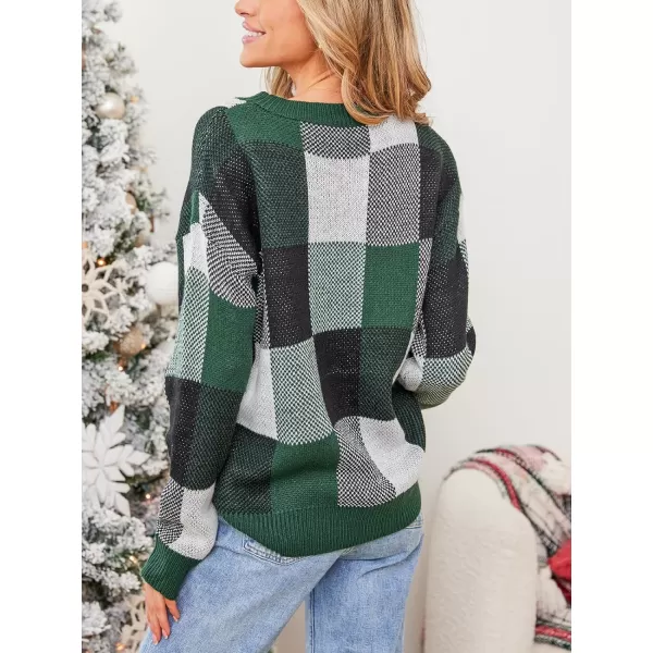imageCUPSHE Womens 2023 Fall Long Sleeve Crew Neck Plaid Color Block Comfy Knitted Pullover SweaterGreen