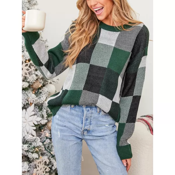 imageCUPSHE Womens 2023 Fall Long Sleeve Crew Neck Plaid Color Block Comfy Knitted Pullover SweaterGreen