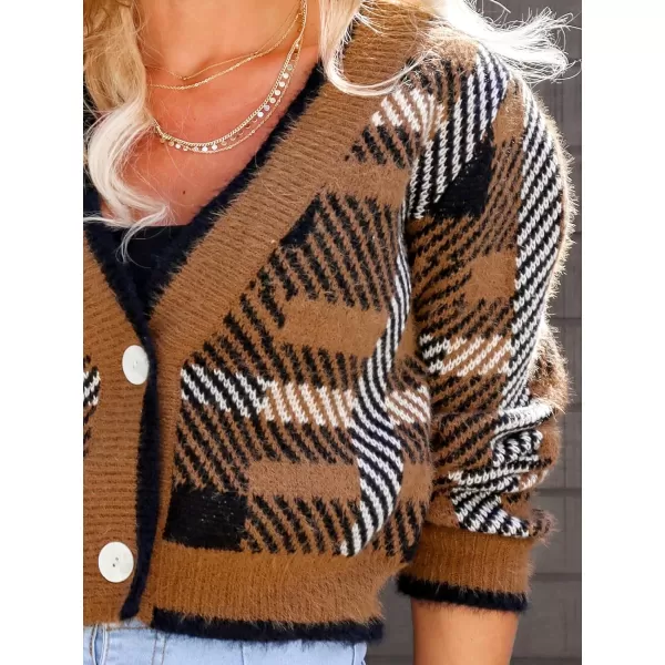 imageCUPSHE Womens 2023 Fall Winter Long Sleeves Open Front Button Knitted Sweater Cardigan Crop Coat OutwearBrown